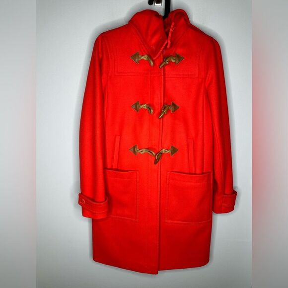 Jcrew melton wool Duffel coat Orange/ red Manifattura di Carmignano sz 2 hooded - Picture 3 of 7